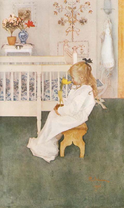 Carl Larsson Lisbeth in her night Dress with a yellow tulip